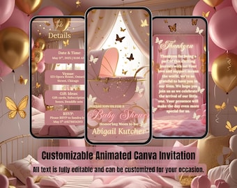 Pink & Gold Butterfly Baby Shower Invitation Template – Animated Baby Sprinkle Video – It’s a Girl Digital Brunch Invite – Baby Shower Evite