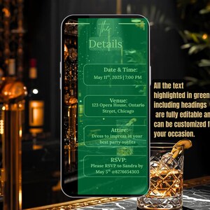 Peut inclure: Un smartphone affiche des d&eacute;tails d'&eacute;v&eacute;nement en vert sur fond noir. Les informations incluent la date, l'heure, le lieu, la tenue vestimentaire et les d&eacute;tails RSVP. Un verre &agrave; cocktail avec une tranche de citron est au premier plan.