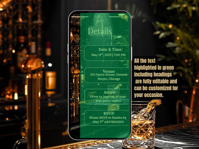 Peut inclure: Un smartphone affiche des d&eacute;tails d'&eacute;v&eacute;nement en vert sur fond noir. Les informations incluent la date, l'heure, le lieu, la tenue vestimentaire et les d&eacute;tails RSVP. Un verre &agrave; cocktail avec une tranche de citron est au premier plan.