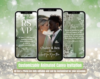 Hochzeitseinladungsvideo - Salbeigrün bearbeitbares Evite mit Foto - Digitale Canva-Vorlage - Antwortwünsche & Programm enthalten - Elegante Einladung