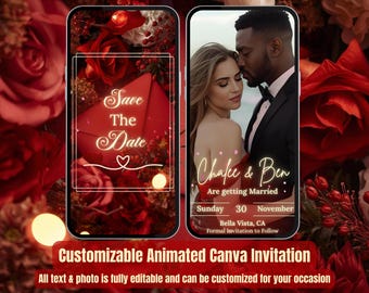 Könnte beinhalten: Ein digitales Hochzeitskarten-Design, das auf zwei Smartphones angezeigt wird. Ein Bildschirm zeigt "Save The Date" mit einem Herz, der andere zeigt ein Paar mit dem Text "Chafee & Ben Are getting Married". Das Design ist vor rotem Rosenhintergrund.
