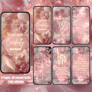May include: A digital wedding invitation suite displayed on smartphones. The design features a soft pink floral theme with the text "You are Cordially Invited" and "Chalee & Ben". The suite includes 6 pages and is fully editable.