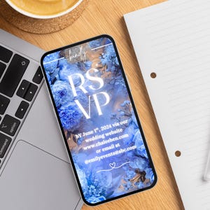 Bröllopsinbjudan – Elegant kunglig blå videoinbjudan – Redigerbar Canva-mall med foto, OSA och program – Digital högtidsinbjudan för bröllop bild 8