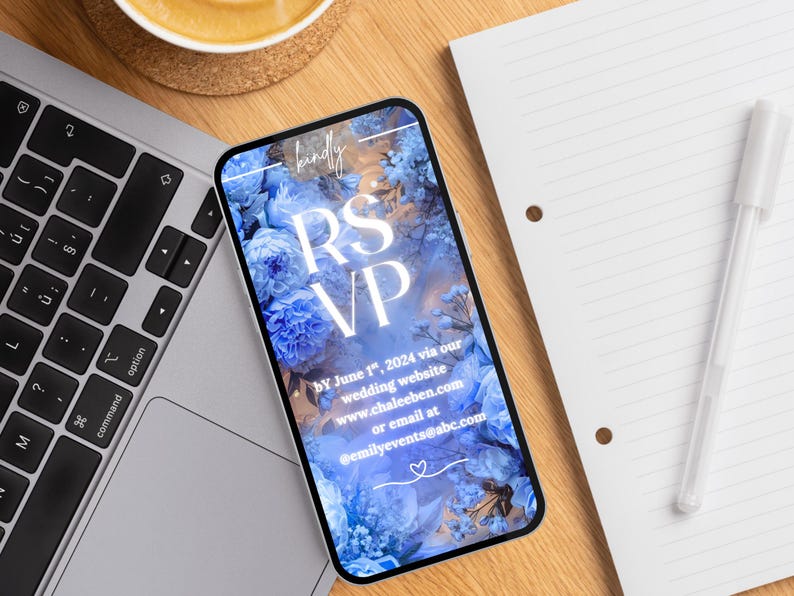 Bröllopsinbjudan – Elegant kunglig blå videoinbjudan – Redigerbar Canva-mall med foto, OSA och program – Digital högtidsinbjudan för bröllop bild 8