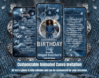 Denim and Diamonds Birthday Video Invitation: Elegant Party Evite (Canva Template)