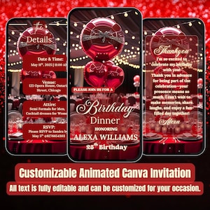 Red Birthday Dinner Invitation – Elegant Video Invite – Digital Birthday Dinner Evite – Editable Canva Template – Animated Invite for Her