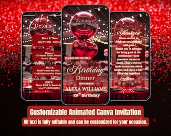 Red and Gold Birthday Dinner Video Invitation – Elegant Canva Template (Digital Download)