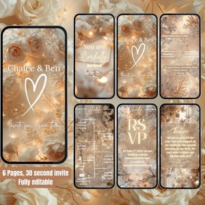 Peut inclure: Un design d'invitation de mariage numérique avec une esthétique romantique. Le design comprend plusieurs écrans avec des arrière-plans floraux, du texte et un symbole de cœur. L'invitation est entièrement modifiable et conçue pour une invitation de 30 secondes.