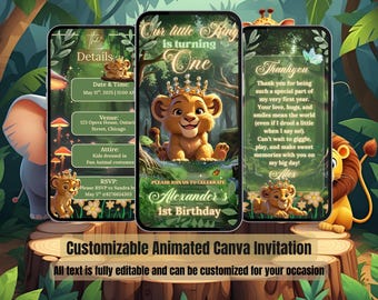 Faire-part d'anniversaire pour bébé garçon - Invitation vidéo Safari dans la jungle du Roi Lion avec musique - Modèle numérique de fête d'anniversaire 1er, 2e et 3e anniversaire modifiable
