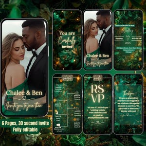 Op de afbeelding: Een digitale huwelijksuitnodigingssuite in smaragdgroen met gouden accenten. Het ontwerp omvat een omhelzend stel, RSVP-details en een schema. De uitnodiging is volledig bewerkbaar.