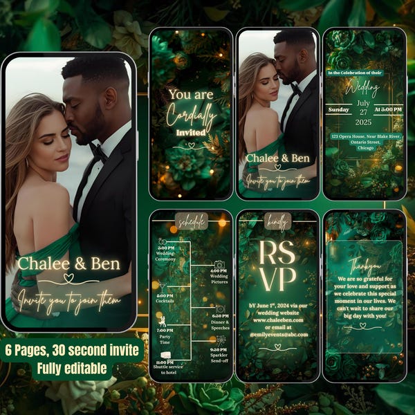 Digital Wedding Invitation – Emerald Green & Gold Tones Video Invite – Editable Canva Template with Photo, RSVP, Program, Thankyou Note