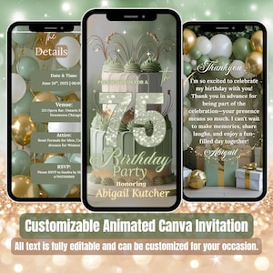 May include: A digital invitation for a 75th birthday party, featuring a cake, balloons, and event details. The design is fully customisable, with editable text for the date, time, venue, and RSVP information. The invitation is animated.