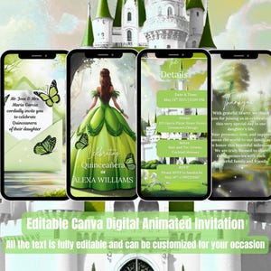 Unicorn Quinceañera Invitation Video: Green Castle, Butterfly Theme (Digital Download, Sweet 15/16 Invite)