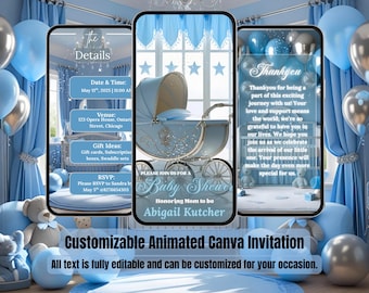 Blue & Silver Pram Baby Shower Invitation Template – Animated Baby Sprinkle Video – It’s a Boy Digital Brunch Invite – Baby Shower Evite