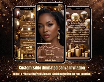 Brown & Gold Birthday Invitation for Her – Girl Video Evite with Photo – Glam Birthday Dinner – Canva Template – Women Party Invite