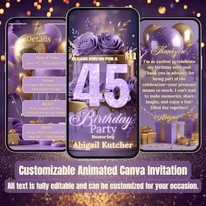 45th Birthday Invitation – Purple & Gold Digital Evite – Editable Video Template for Her – Glam Lilac Brunch Dinner Birthday Party Invite