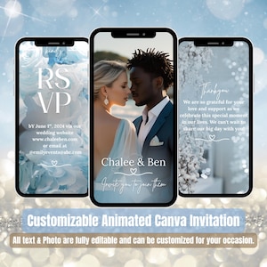 May include: Three smartphones displaying a wedding invitation. The centre phone shows a couple, with the text "Chalee & Ben". The left phone says "RSVP" and the right phone says "Thankyou". The bottom banner reads "Customizable Animated Canva Invitation".