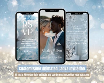 Invitación de boda: Video invitación en tonos azul pastel y plateado. Plantilla editable de Canva con foto, RSVP y programa. Invitación de boda digital.