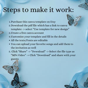 Peut inclure: Fond bleu clair avec des rubans bleus et des illustrations de papillons. Le texte indique "&Eacute;tapes pour le faire fonctionner :" suivi des instructions pour utiliser un mod&egrave;le Canva achet&eacute; sur Etsy.