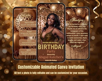 Brown & Gold Birthday Invitation – Leopard Print Video Evite for Her – Editable Party Template – Glam Cheetah Jungle Birthday Dinner Invite