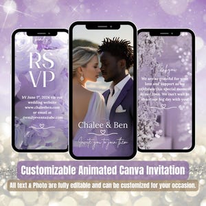Könnte beinhalten: Drei Smartphones zeigen Hochzeitskarten-Designs. Das mittlere Telefon zeigt ein Paar mit dem Text "Chalee & Ben". Auf dem linken Telefon steht "RSVP" und auf dem rechten "Danke". Das untere Banner lautet "Anpassbare animierte Canva-Einladung".