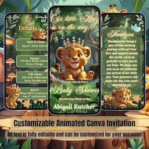 May include: A baby shower invitation design featuring a lion cub wearing a crown. The invitation is displayed on three smartphones, with details including date, time, venue, and RSVP information. The text reads "Our little King is on the way!" and "Baby Shower".