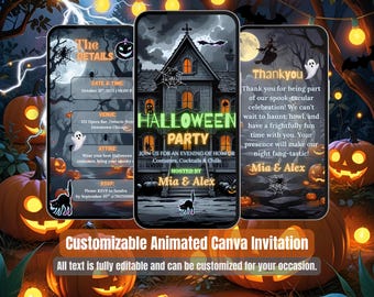 May include: A digital Halloween party invitation displayed on three smartphones. The central phone features a haunted house graphic with the text "Halloween Party." Other phones show event details and a thank you message. Pumpkins and spooky elements surround the phones.