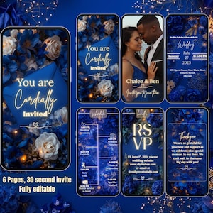 以下が含まれることがあります： スマートフォン上のデジタル結婚式招待状スイート。デザインは、フローラルのアクセントが付いた濃い青色の配色が特徴です。「You are Cordially Invited」、結婚式の詳細、RSVP情報などのテキストが含まれています。
