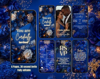 Wedding Invitation – Elegant Royal Blue and Gold Video Invite – Editable Canva Template with Photo, RSVP & Program – Digital Wedding evite