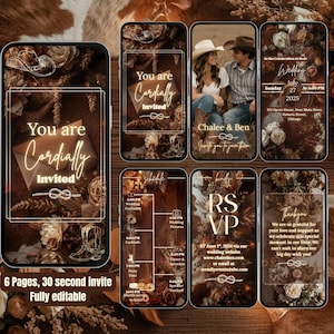 May include: A collection of six smartphone screens displaying a rustic wedding invitation suite. The design features floral arrangements, cowboy boots, and the text "You are Cordially Invited." The suite includes RSVP and schedule details.