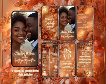 May include: A digital wedding invitation design featuring a smiling couple, Chalee & Ben, with floral accents. The invitation includes details on six pages, with a schedule, RSVP, and thank you message. The design is fully editable.