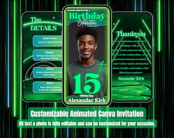 Invitación de 15.º cumpleaños para niños: videoconferencia de fiesta de gamers verde neón. Invitación de cumpleaños adolescente editable y animada de Evite. Tema deportivo de pizza y videojuegos.