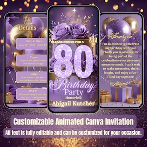 80th Birthday Invitation – Purple & Gold Digital Evite – Editable Video Template for Her – Glam Lilac Brunch Dinner Birthday Party Invite