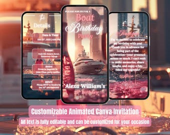 Invito per festa in barca rosa – Invito video animato per festa in yacht – Invito per festa di compleanno in crociera – Invito itinerario crociera – Modello Canva