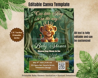 Lion King Baby Shower Invitation – Safari Baby Boy Printable 5x7 Invite – Jungle Theme Baby Sprinkle – It’s a Boy – Editable Canva Template