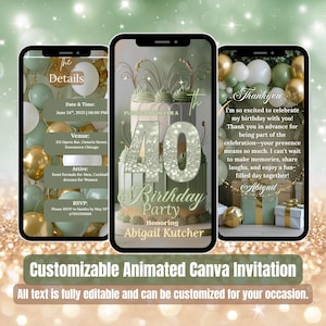 Faire-part 40e anniversaire - Evite numérique vert sauge et or - Modèle vidéo modifiable pour elle - Invitation à une fête d'anniversaire pour le dîner brunch vert sauge
