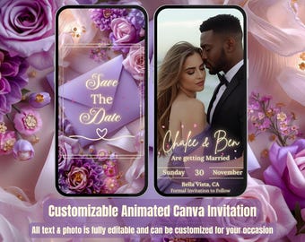 Purple Save the Date Invitation – Animated Lilac Wedding Video Evite with Music – Editable Canva Template – Digital Getting Married Invite