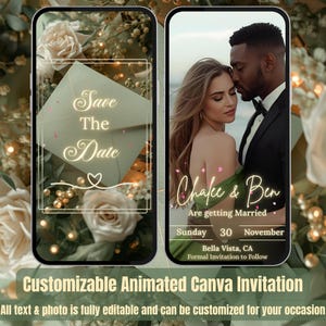 May include: A digital wedding invitation on a smartphone screen. The design includes the text "Save The Date" and "Chake & Ben Are getting Married". The invitation features a photo of a couple and floral decorations.