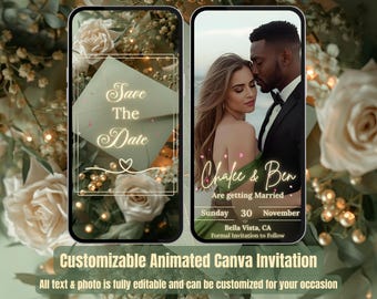 May include: A digital wedding invitation displayed on a smartphone screen. The invitation features the text "Save The Date" and "Chake & Ben Are getting Married". The design includes floral elements and a photo of a couple.