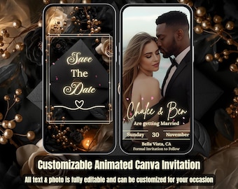 Black & Gold Save the Date Invitation – Animated Wedding Video Evite with Music – Editable Canva Template – Digital Getting Married Invite