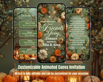 Green Friendsgiving Invitation – Cozy Fall Pumpkins Video Evite – Fall Dinner Party – Thanksgiving Digital Invite – Editable Canva Template