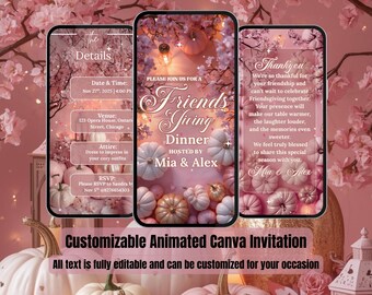 Pink Friendsgiving Invitation – Cozy Fall Pumpkins Video Evite – Fall Dinner Party – Thanksgiving Digital Invite – Editable Canva Template