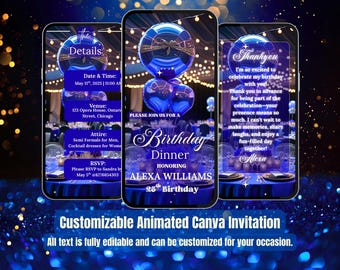 Pode incluir: Três telas de smartphone exibindo um convite para um jantar de aniversário. O convite apresenta texto azul e branco, com detalhes incluindo data, hora, local e informações de RSVP. O convite é para o 25º aniversário de Alexa Williams.