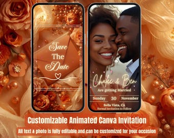 Orange Save the Date Invitation – Animated Peach Wedding Video Evite with Music – Editable Canva Template – Digital Getting Married Invite