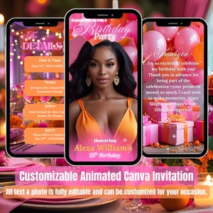 Pink & Orange Birthday Invitation for Her – Girl Video Evite with Photo – Birthday Brunch – Birthday Dinner – Canva Template – Woman Invite