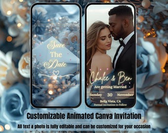 Dusty Blue Save the Date Invitation – Animated Wedding Video Evite with Music – Editable Canva Template – Digital Getting Married Invite