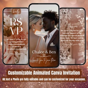 Może przedstawiać: Trzy ekrany smartfonów wyświetlające projekty zaproszeń ślubnych. Pierwszy ekran mówi "RSVP" z kwiatowymi akcentami. Drugi ekran pokazuje parę z imionami "Chalee & Ben". Trzeci ekran mówi "Dziękuję". Tekst na dole mówi "Konfigurowalne animowane zaproszenie Canva".