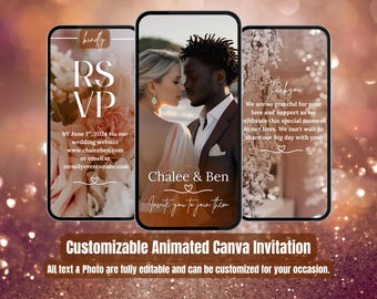 May include: Three smartphone screens displaying wedding invitation designs. The first screen says "RSVP" with floral accents. The second screen shows a couple with the names "Chalee & Ben". The third screen says "Thank you". Text at the bottom says "Customizable Animated Canva Invitation".