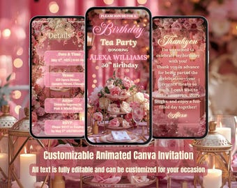 Faire-part pour un goûter rose et doré – Invitation vidéo d'anniversaire – Modèle de brunch pour femmes modifiable – Garden-party fantaisiste – Faire-part sur toile