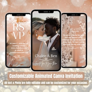 Peut inclure: Trois smartphones affichent un modèle de faire-part de mariage. Le téléphone central montre un couple, tandis que les autres affichent des messages RSVP et de remerciement. Le design comprend des éléments floraux et le texte "Chalee & Ben". La bannière inférieure indique "Customizable Animated Canva Invitation".